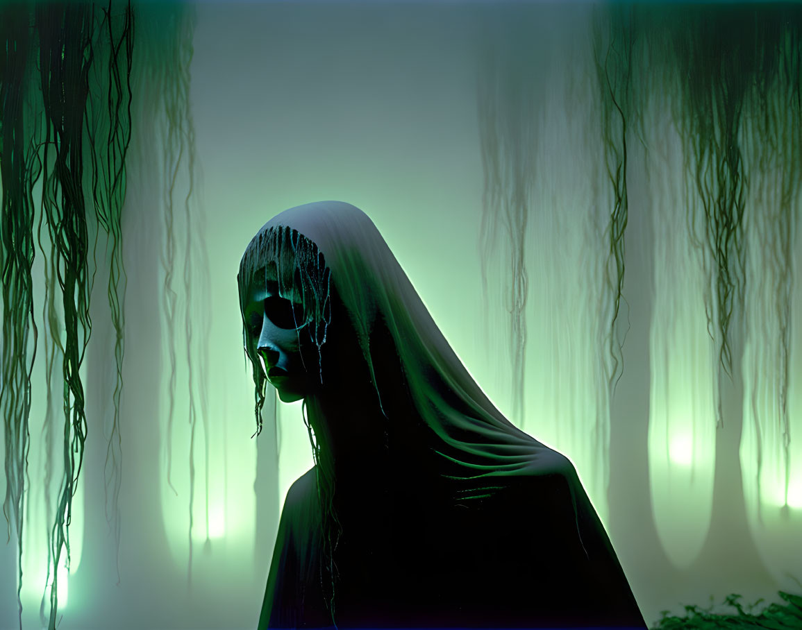 Mysterious Figure in Black Cloak in Foggy Green Forest