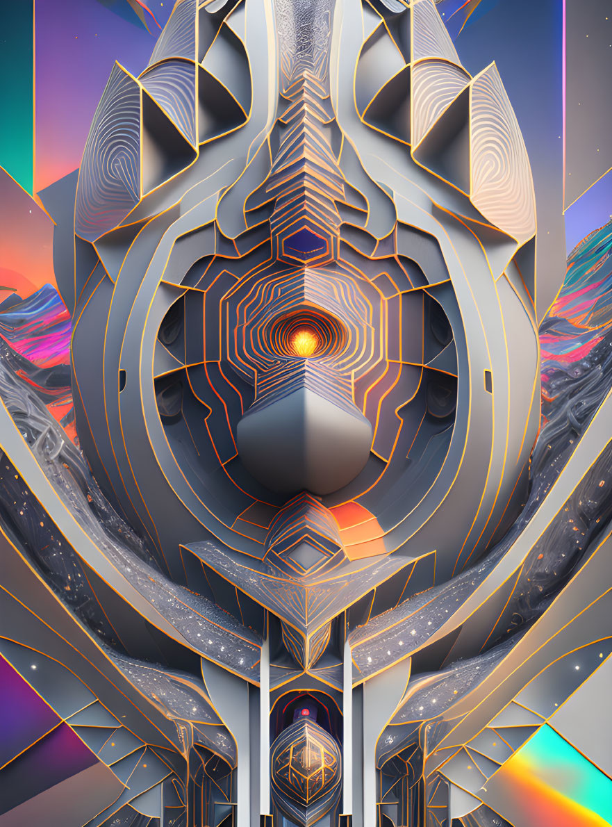 Symmetrical futuristic digital art with colorful mountain landscape