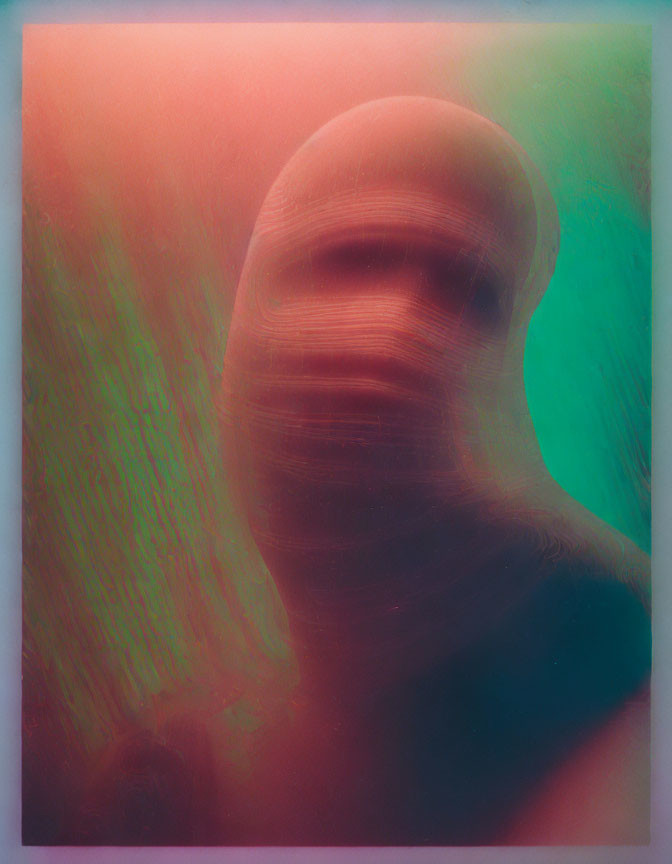 Blurred human-like shape in warm and cool gradient with textured background