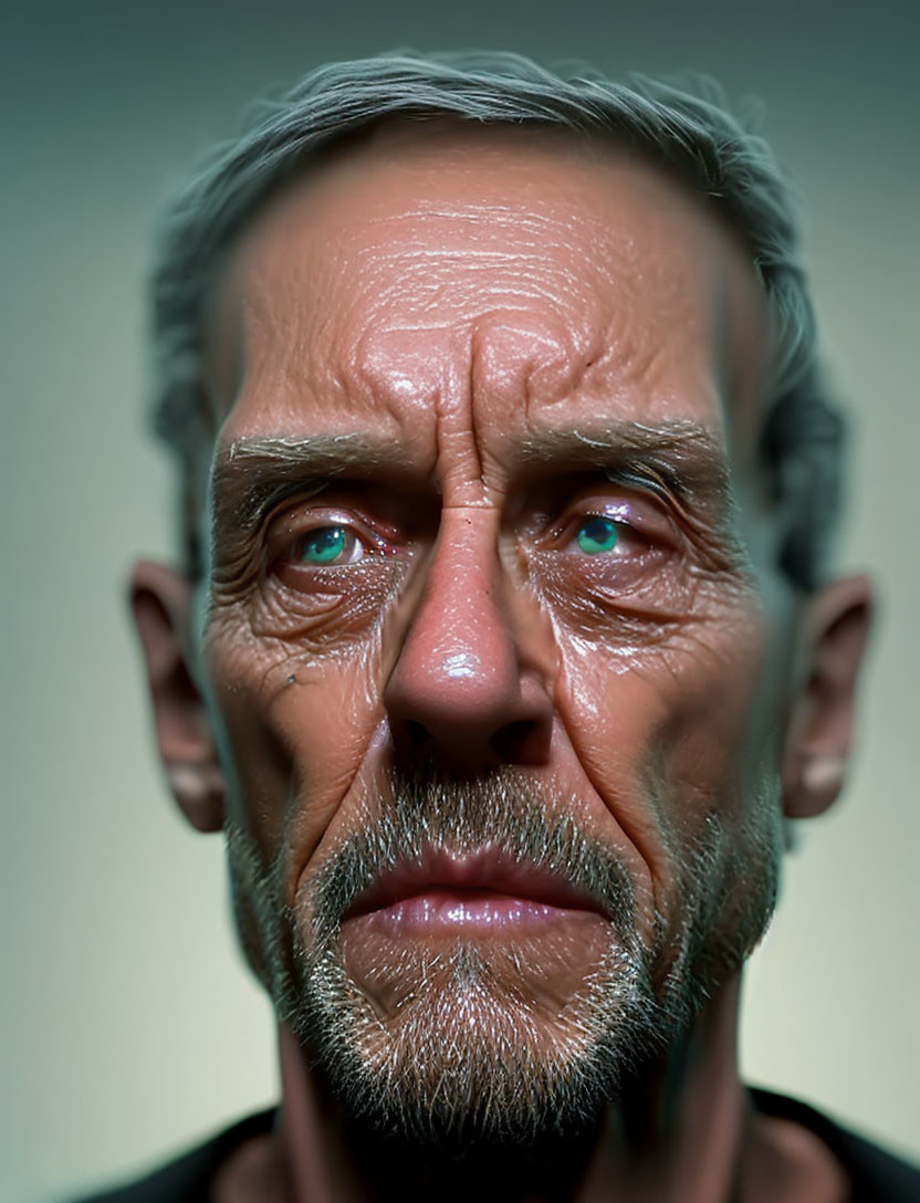 Detailed digital portrait of older man with deep-set blue eyes and prominent wrinkles.