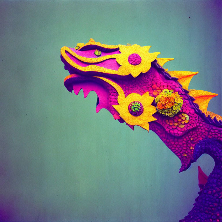 Vibrant purple and yellow dragon head with floral details on blue background