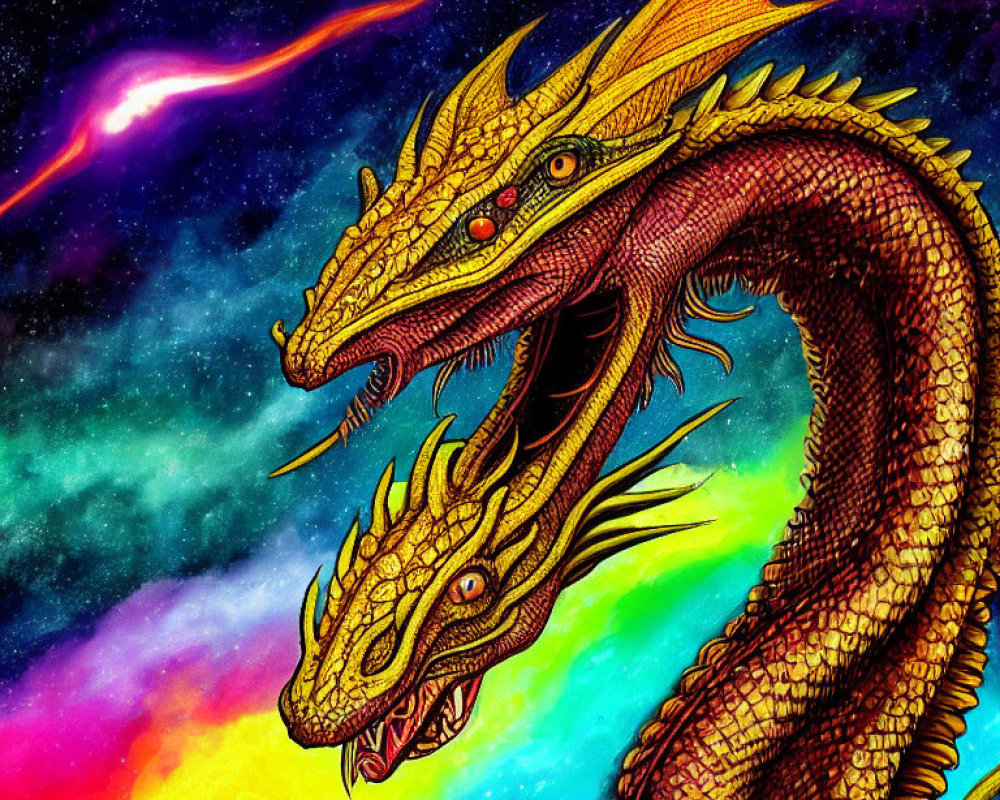 Colorful Digital Art: Golden Two-Headed Dragon in Cosmic Nebula