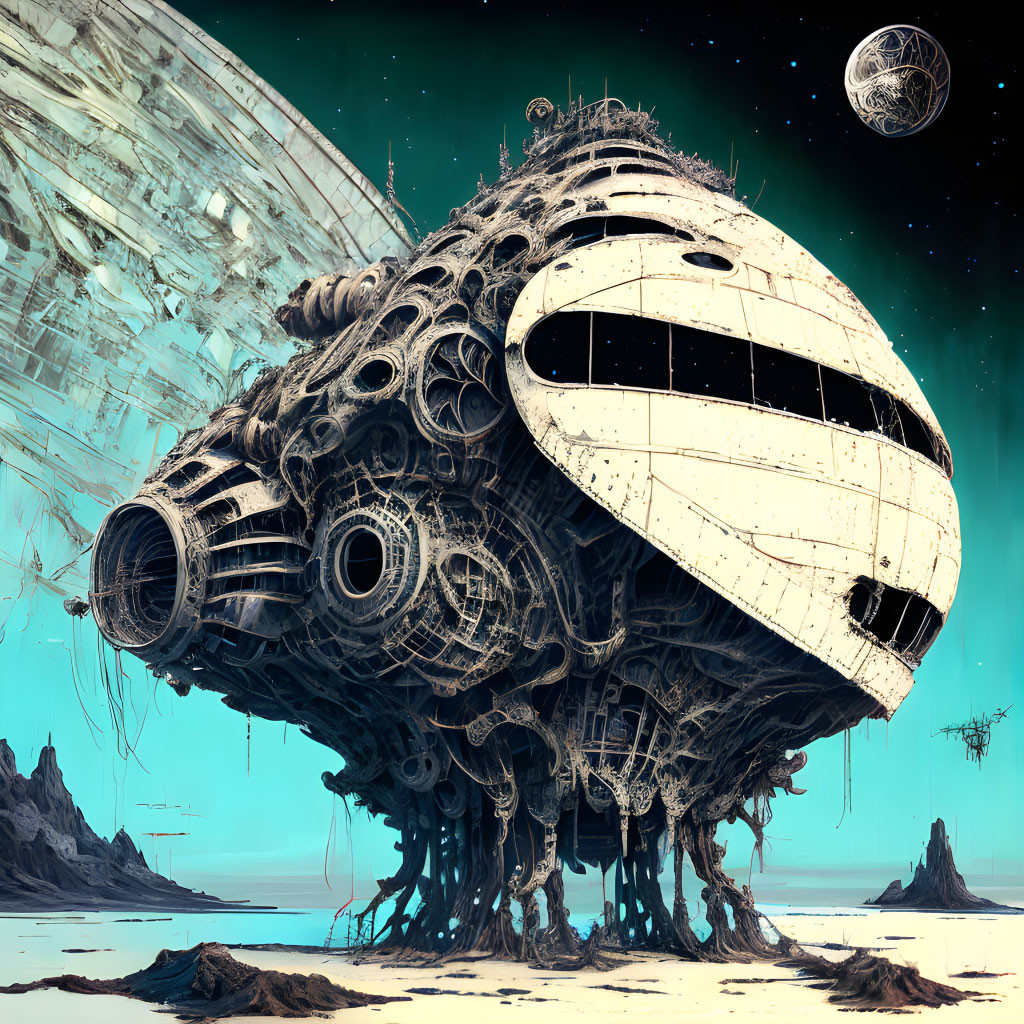 Decrepit spaceship on barren landscape under teal sky