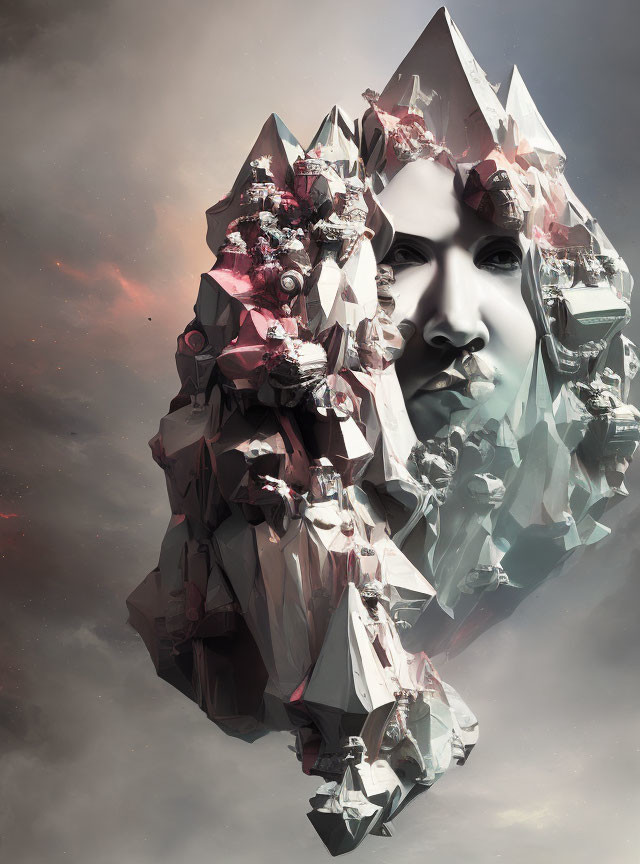 Surreal digital artwork: fragmented crystalline structure forming human face amid clouds