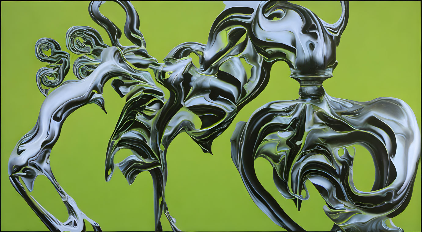 Fluid metallic shapes on lime green background.