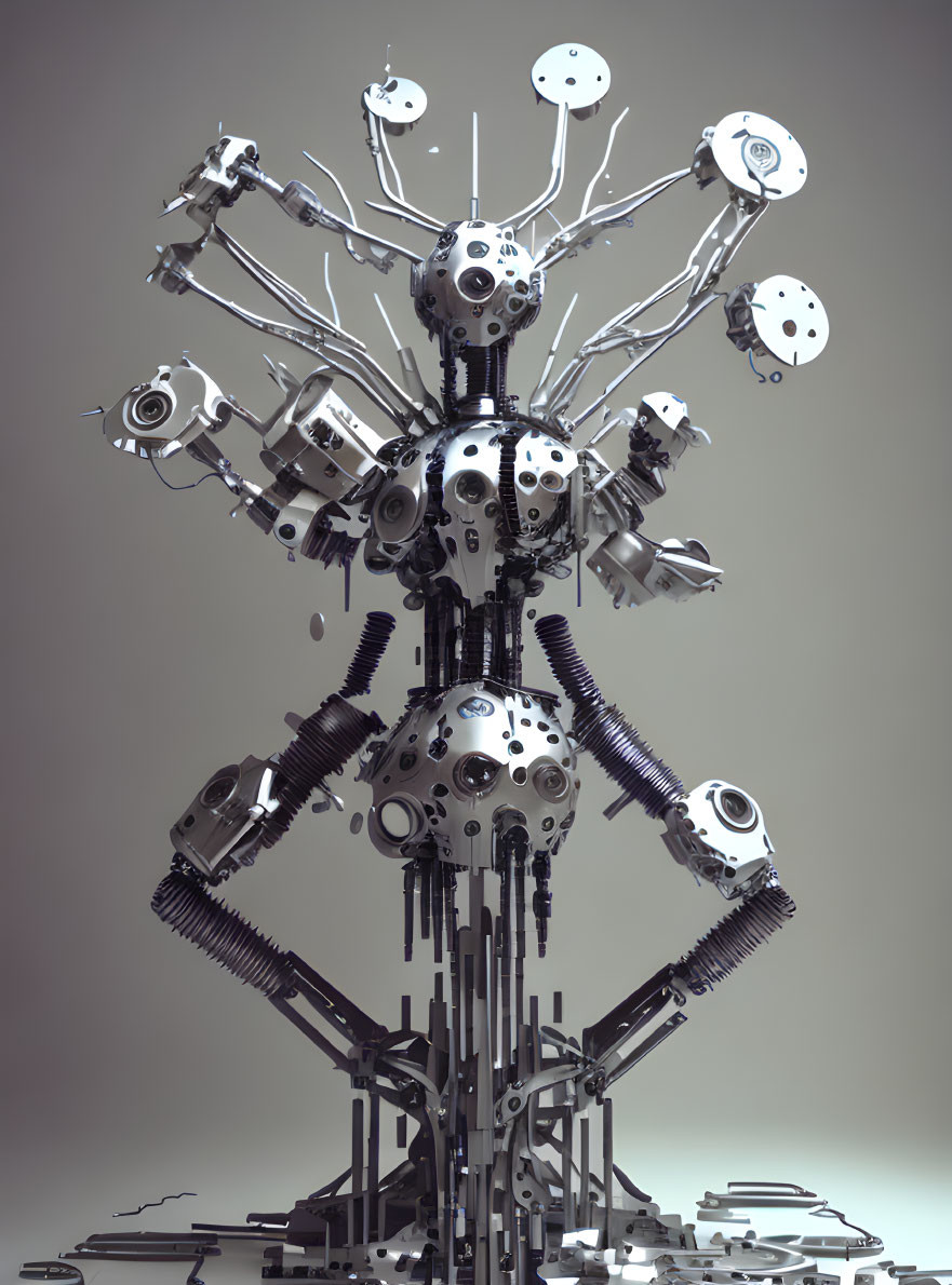 Intricate mechanical sculpture of tree with spherical joints and gears