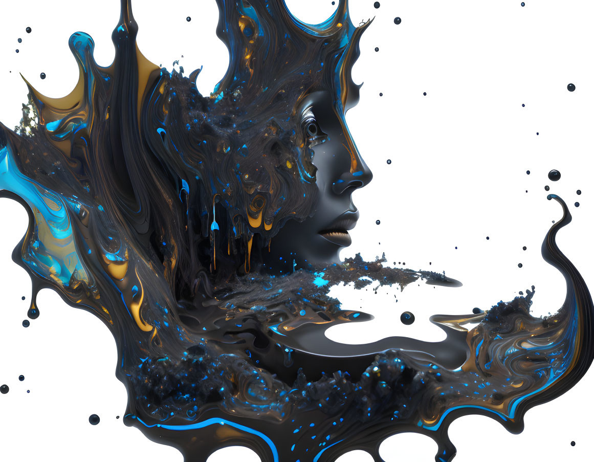 Abstract digital art: Woman's profile in black and blue liquid flow