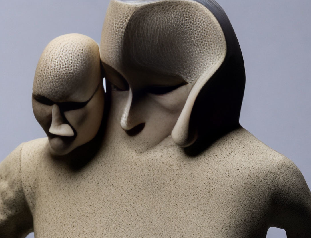 Abstract Humanoid Sculptures with Textured Surfaces and Stylized Facial Features on Gray Background