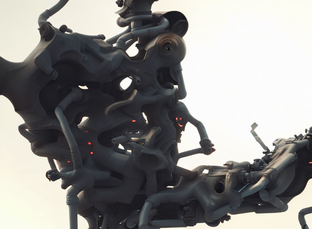 Detailed 3D rendering of gray interconnected structures with red lights