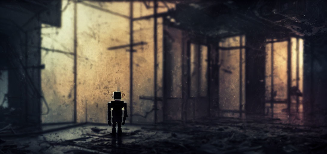 Small humanoid robot in dusty, dilapidated room with large windows.