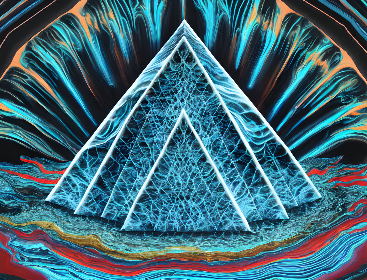 Abstract Image: Glowing Blue Fractal Triangle on Vibrant Swirling Background