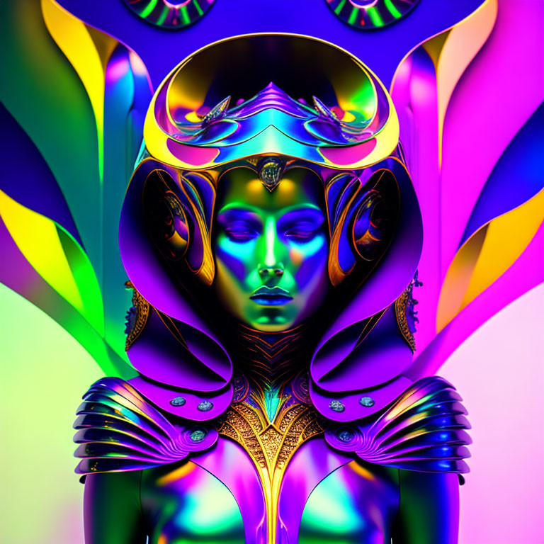 Symmetrical figure in ornate headdress with vibrant colors