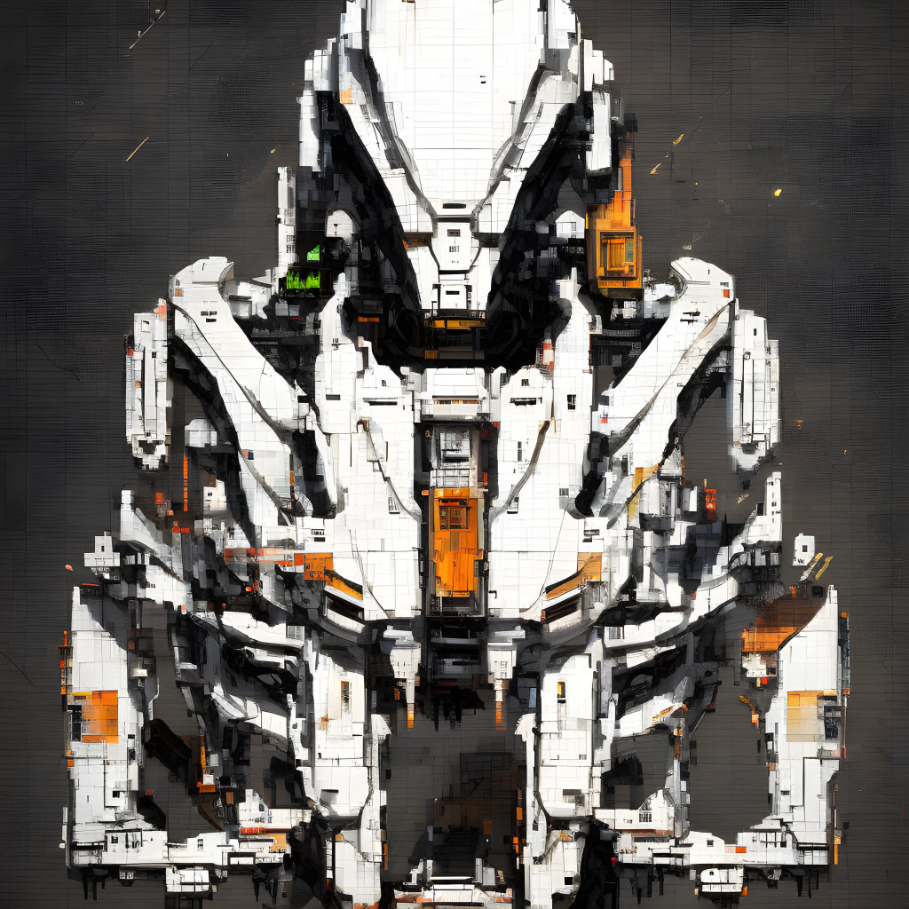 Detailed Digital Artwork: White and Orange Symmetrical Mech with Glowing Green Accents