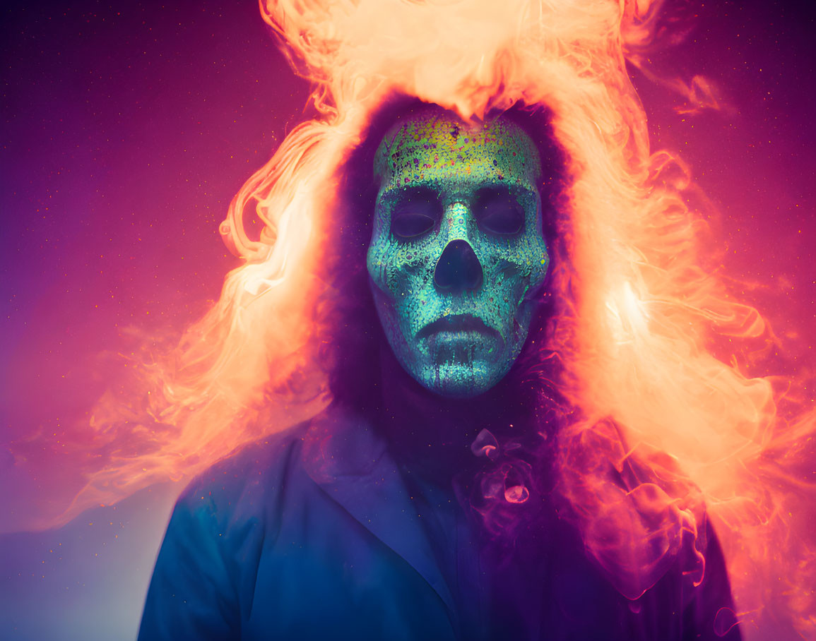 Skull mask figure in teal amid red and purple smoke