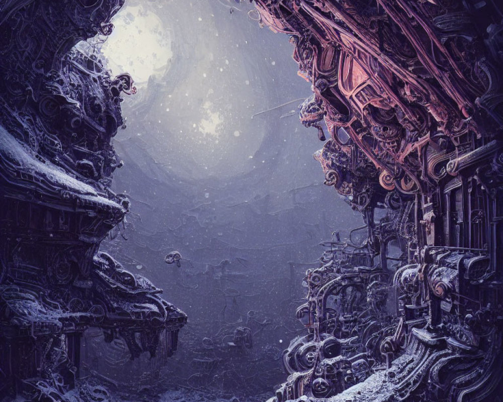 Intricate alien-like cave with mystical structures under soft light