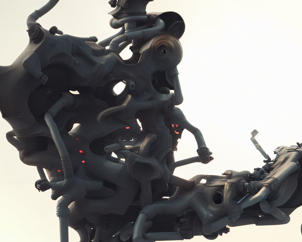 Detailed 3D rendering of gray interconnected structures with red lights