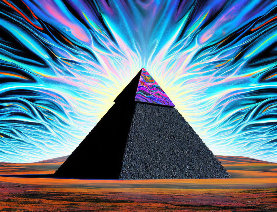 Surreal black pyramid in cosmic desert landscape