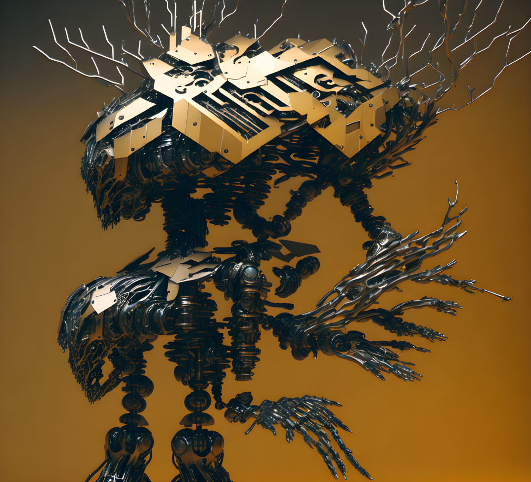 Detailed 3D render of robotic figure with tree-like limbs on amber background