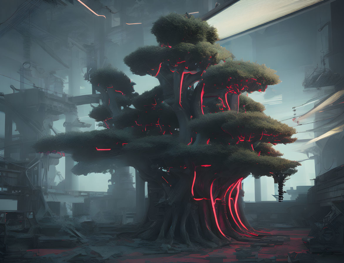 Surreal tree with red glowing veins in industrial ruins under blue light