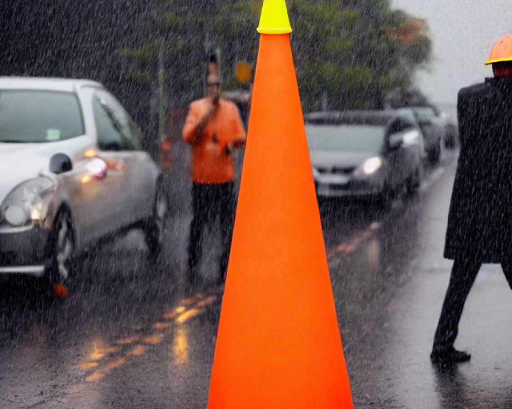 Bright orange traffic cone in rain with blurred figures and vehicles.