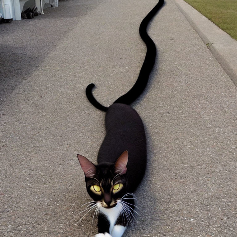 Digitally altered black and white cat with an elongated, curved tail on a sidewalk