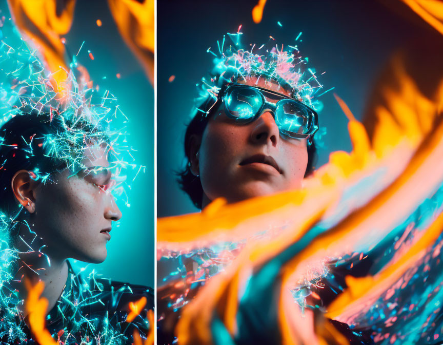 Person with sparkling lights and orange flames split image.