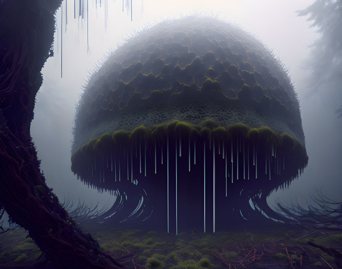 Surreal floating orb with hive-like surface and green foliage above misty forest