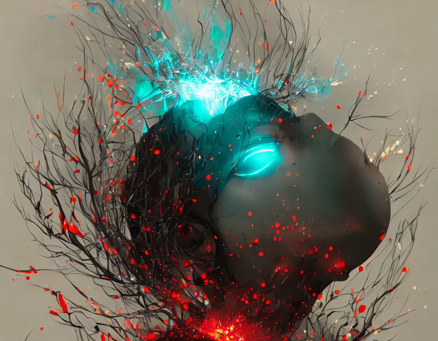 Surreal image: Glowing blue-eyed head in chaotic neural scene