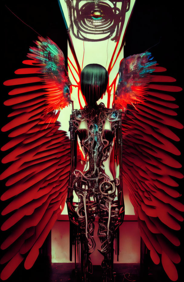 Mechanical figure with red wings in front of illuminated abstract backdrop