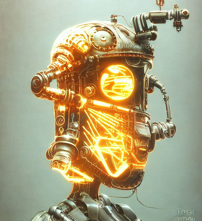 Detailed digital artwork: Robotic head with glowing circuits and internal structure