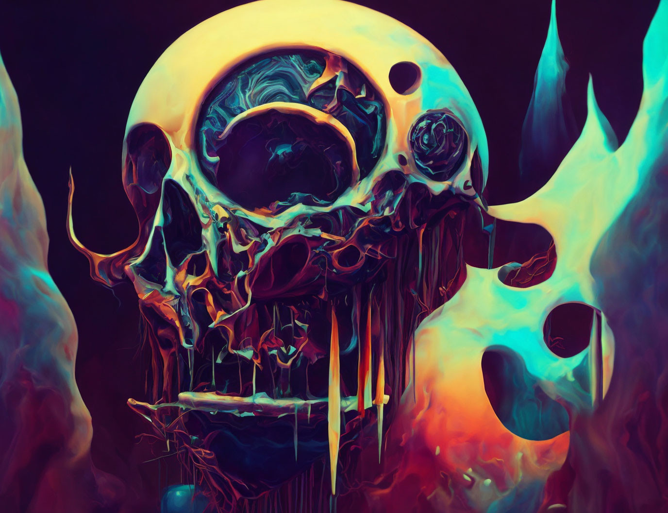 Colorful surreal artwork: melting skull with abstract fluid shapes