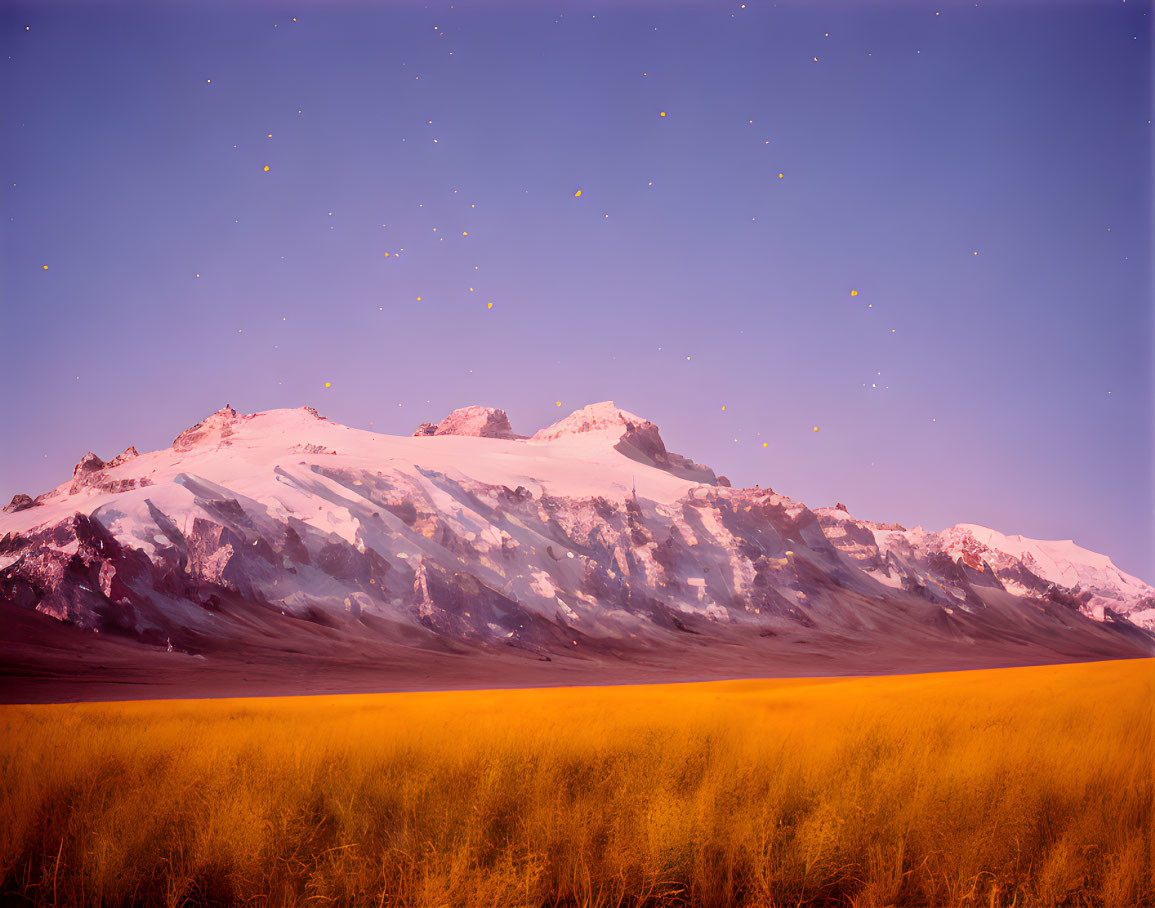 Twilight landscape with golden meadow and snow-capped mountain