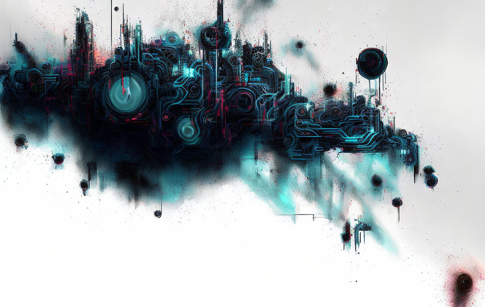 Abstract digital artwork of intricate cybernetic structures with neon blue and pink highlights on a black and white