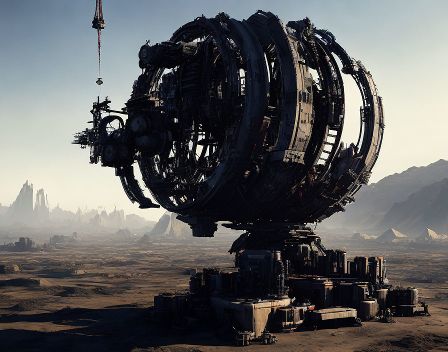 Circular futuristic structure in desert landscape with machinery and crane.