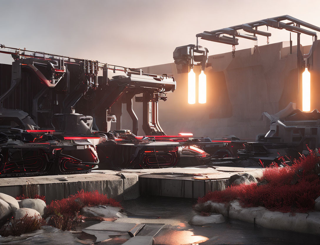 Futuristic industrial sunset with advanced machinery and crimson foliage