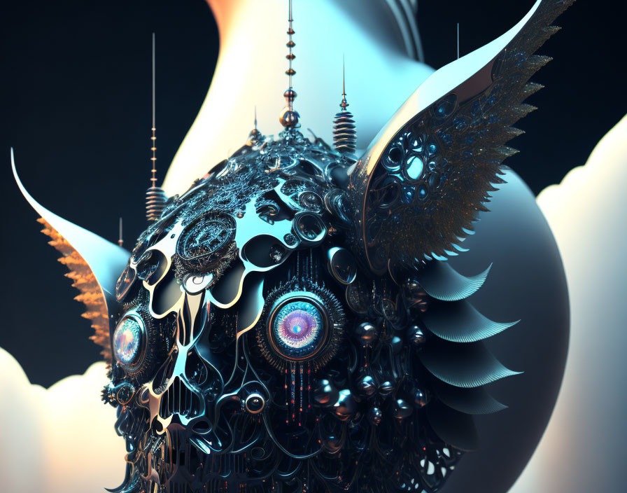 Intricately detailed surreal orb with mechanical wings on gradient background