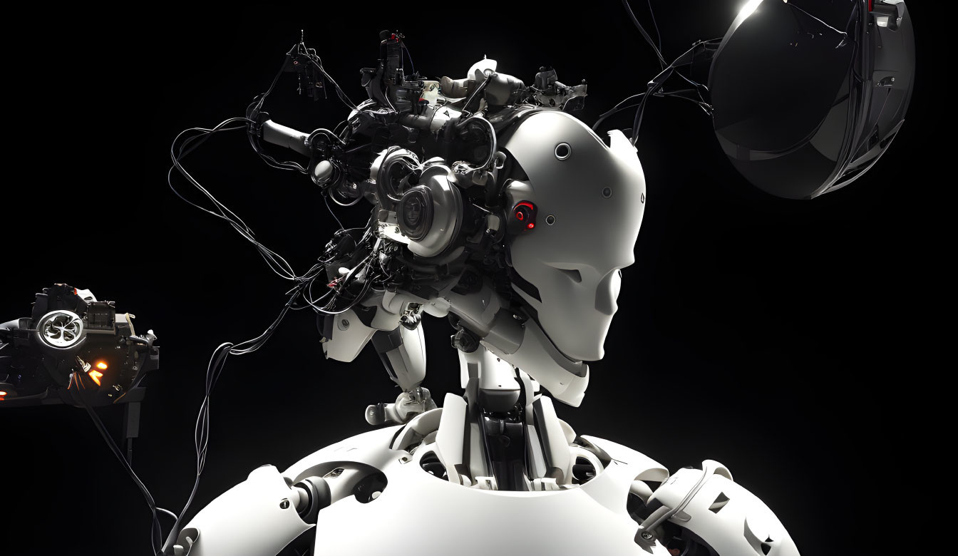 Intricate humanoid robot with wires and mechanical parts on dark background