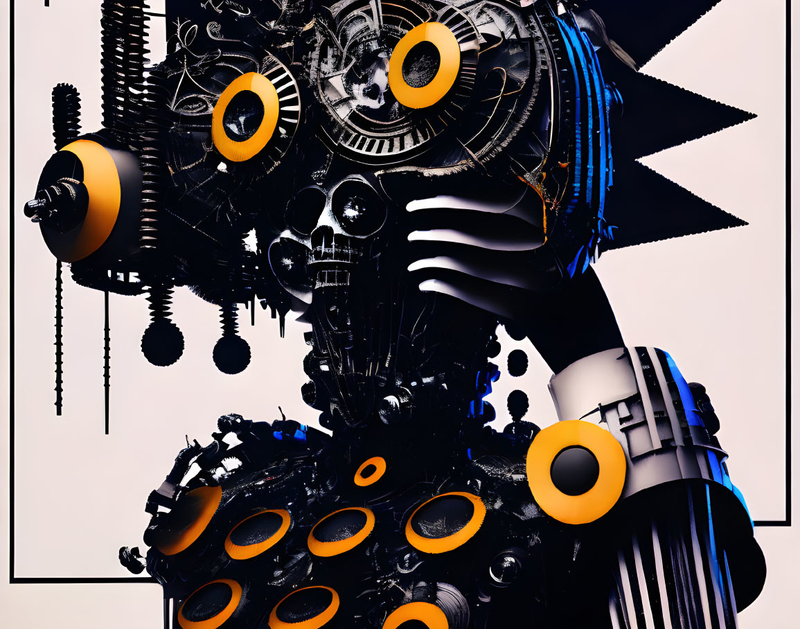 Detailed 3D art: Humanoid figure with mechanical parts, gears, cylinders, skull-like face