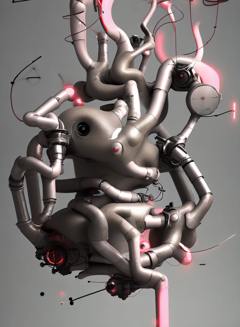 Intricate 3D robotic tendrils with red accents on grey background