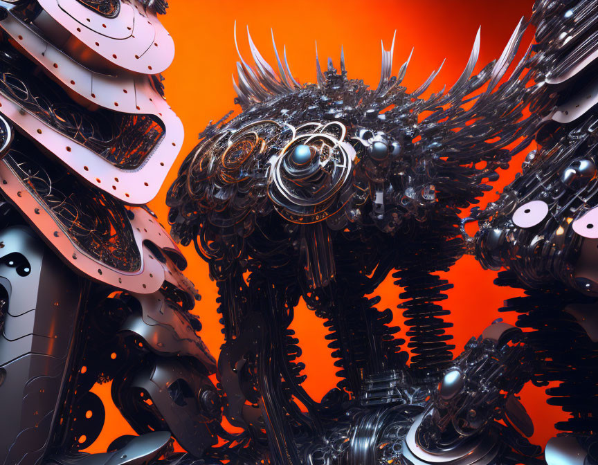 Detailed 3D rendering of mechanical dragon with gears on orange backdrop