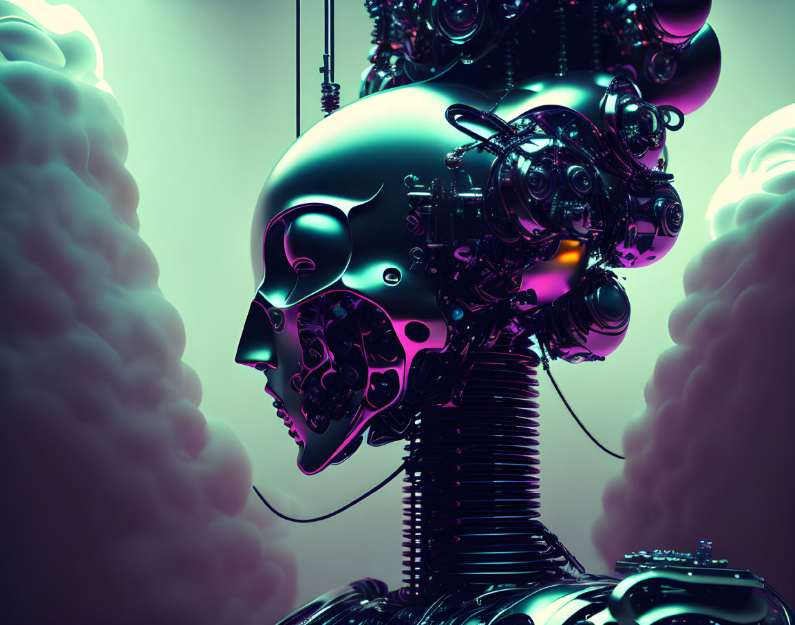 Futuristic robotic head with intricate mechanical details on soft pink clouds