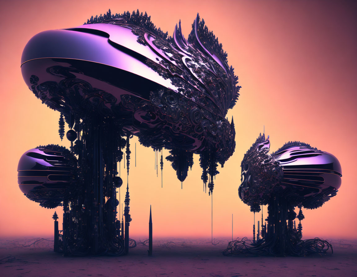 Intricate surreal landscape with futuristic structures above desert under pinkish sky