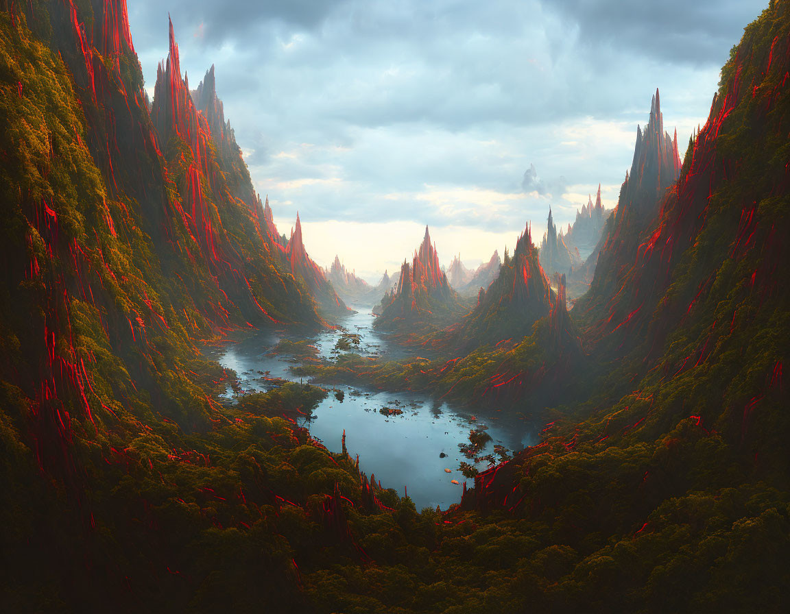 Majestic fantasy landscape with red-tipped spires, lush greenery, and winding river at