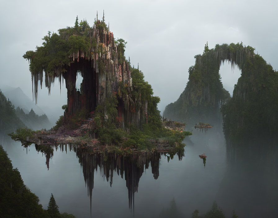 Misty landscape with lush rock formations and floating boat