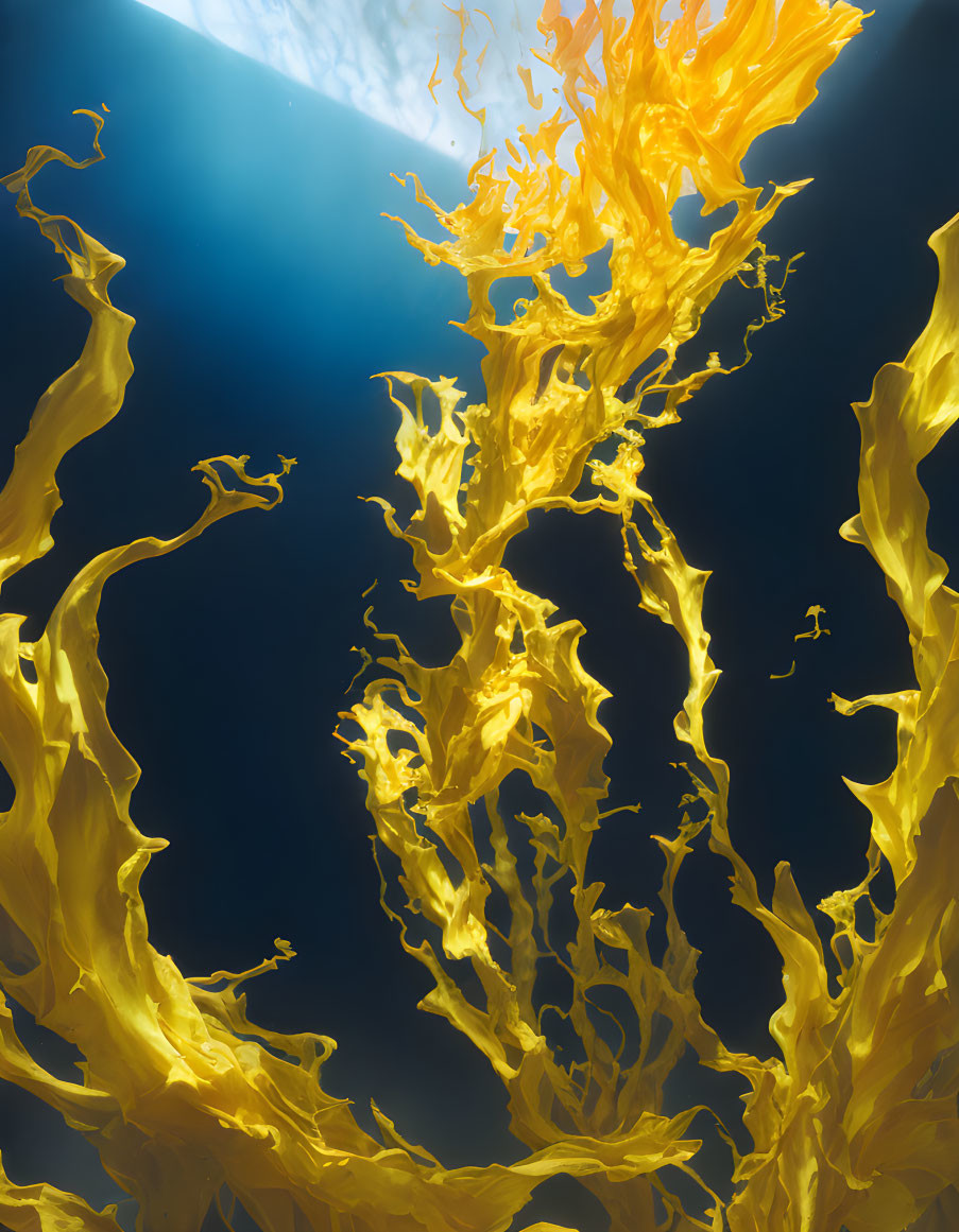 Yellow Fabric Swirls Underwater Against Blue Backdrop