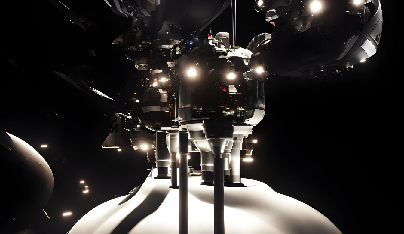 Intricate futuristic machine with robotic arms on dark backdrop