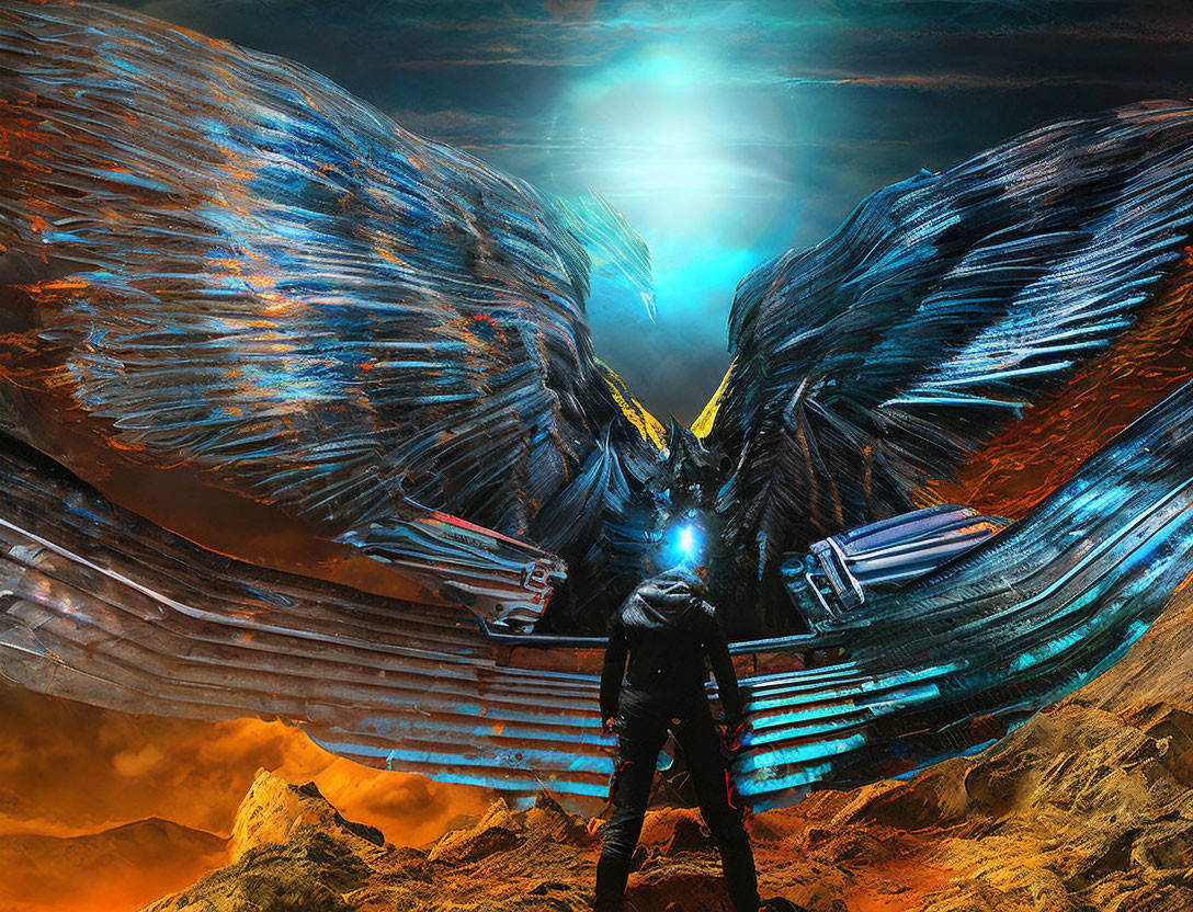 Person with Glowing Blue Wings and Visor Stands on Rocky Terrain