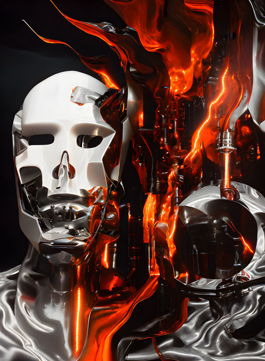 Detailed Silver Robotic Skull Partially Enveloped by Orange and Red Glowing Energy Streaks