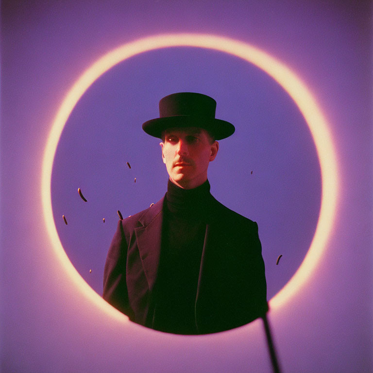 Man in Top Hat Portrait with Circular Light and Purple Backdrop