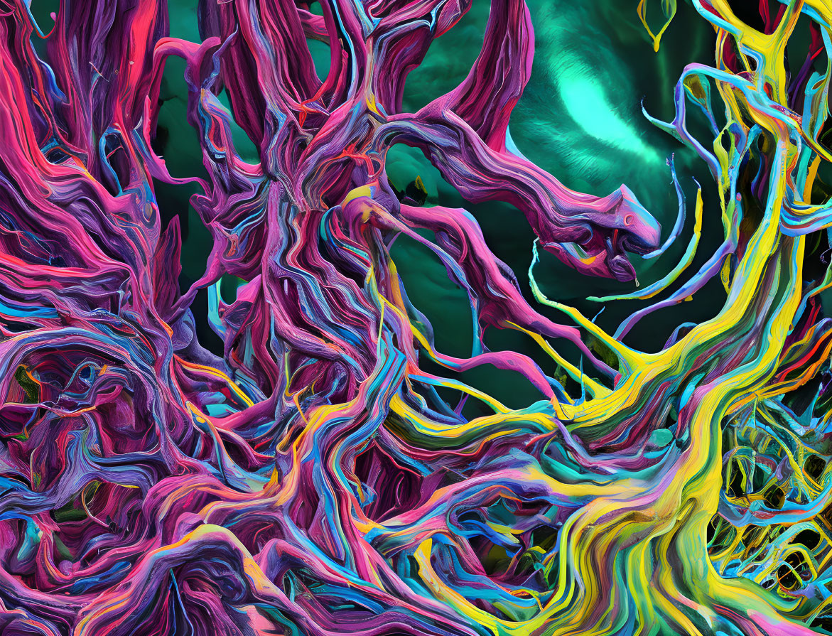 Colorful Intertwining Tendrils on Dark Teal Background